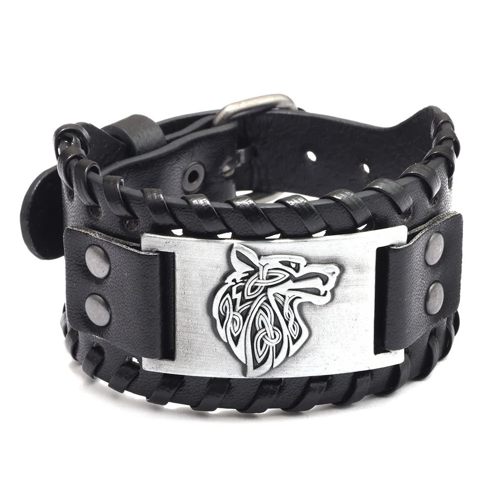 Vintage Wide Leather Woven Wolf Head Bracelet