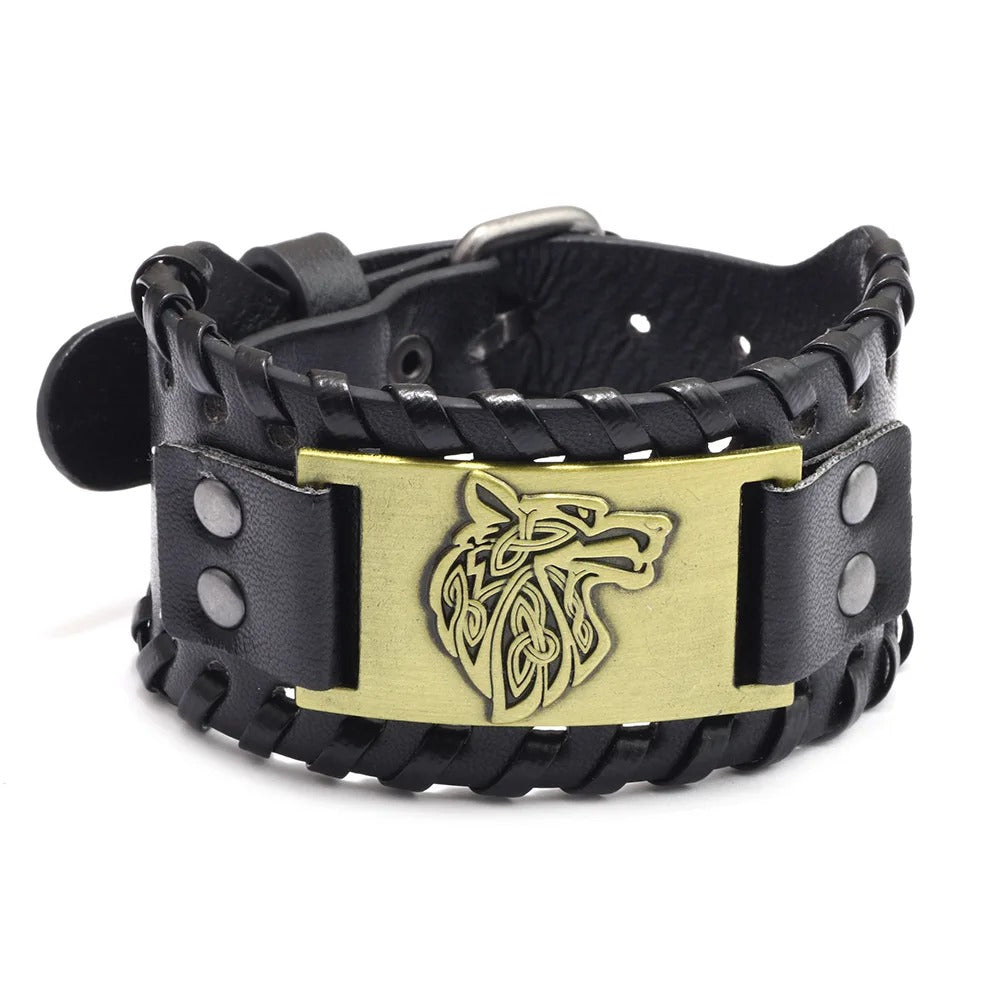 Vintage Wide Leather Woven Wolf Head Bracelet