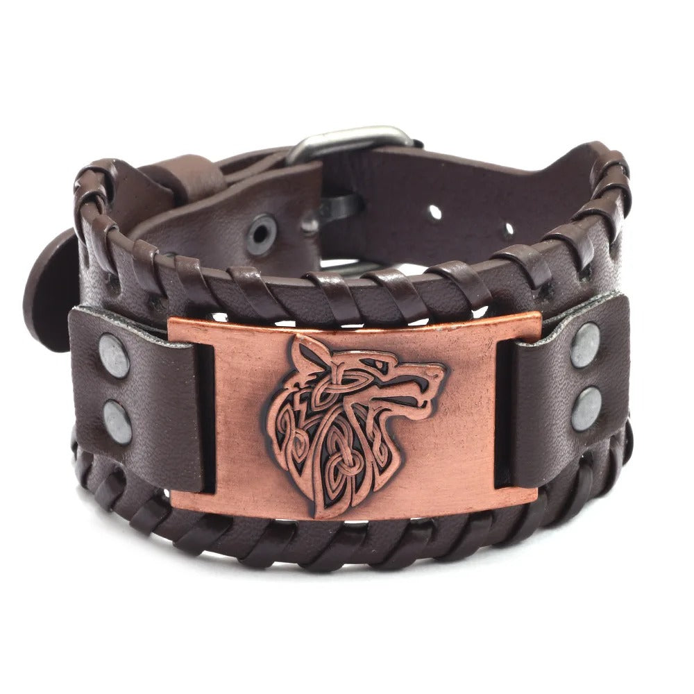 Vintage Wide Leather Woven Wolf Head Bracelet